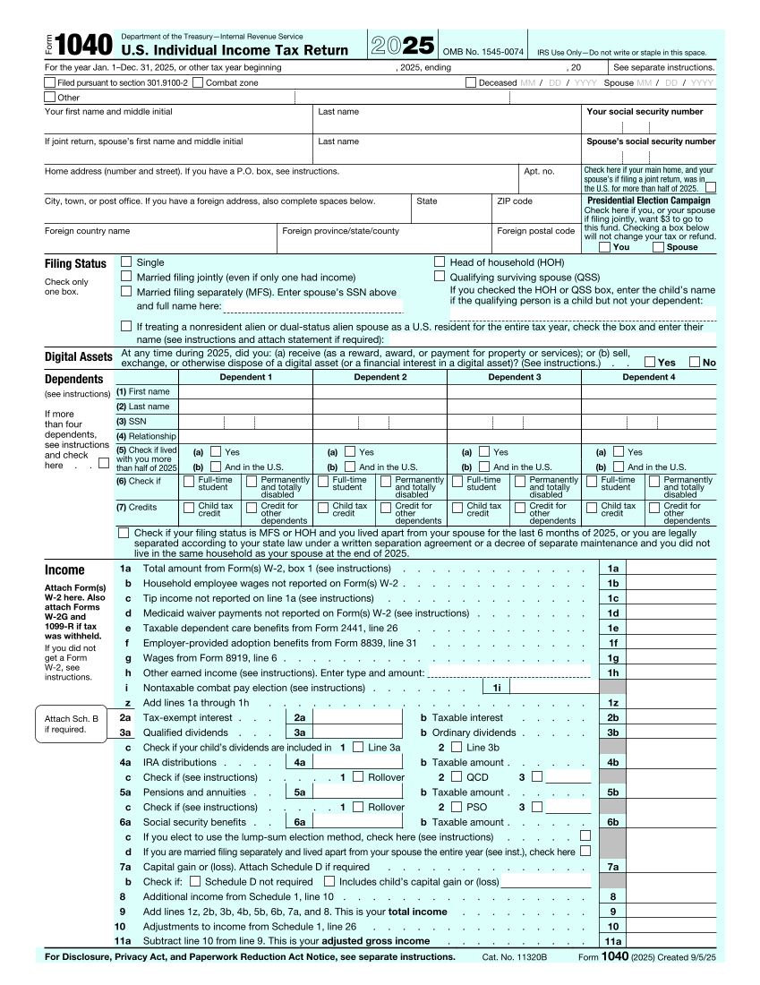 IRS Form 1040 2025 - U.S. Individual Income Tax Return