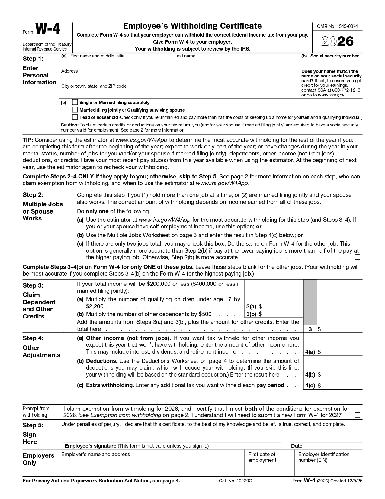 W-4 - W-4 Tax Form for 2025